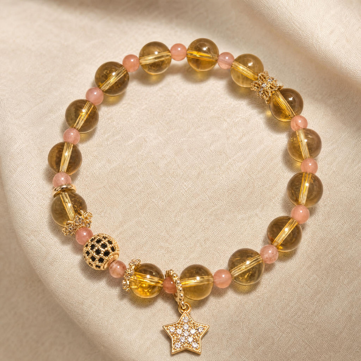 8mm Citrine Beaded Bracelet with Lucky Star Charm